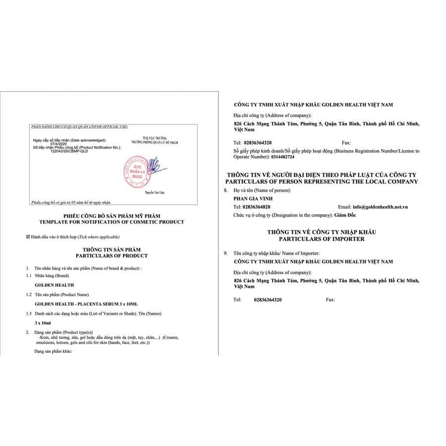 Giấy công bố Avatar Tinh chất Serum nhau thai cừu Golden Health