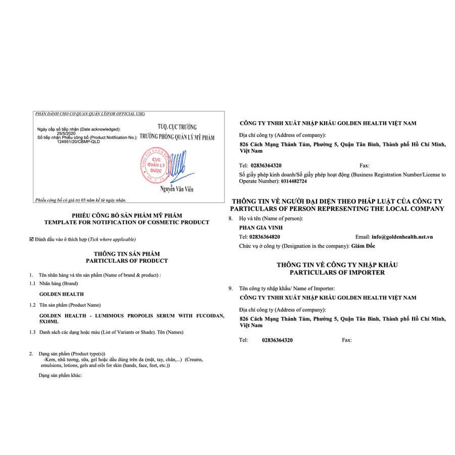 Giấy công bố Tinh chất keo ong và tảo biển