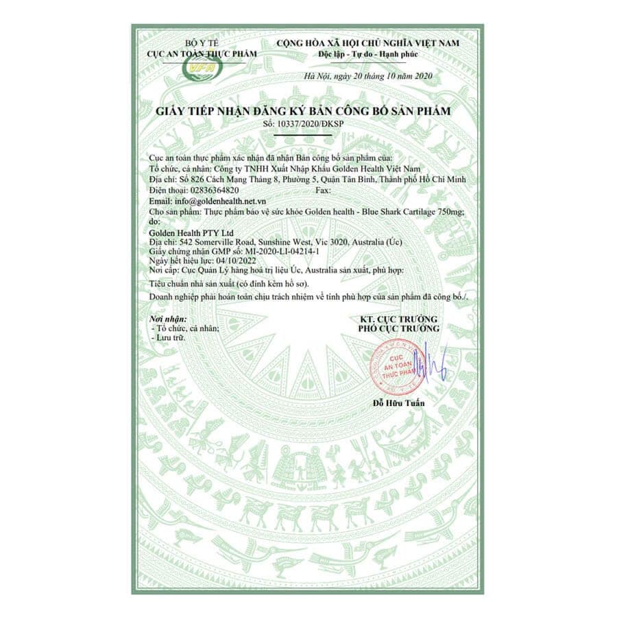 Giấy công bố viên uống sụn vi cá mập