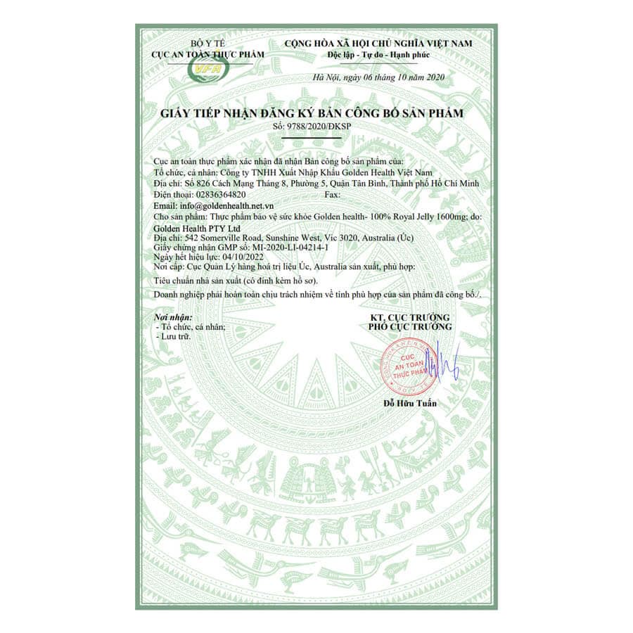 Giấy công bố Avatar Viên uống sữa ong chúa Golden Health